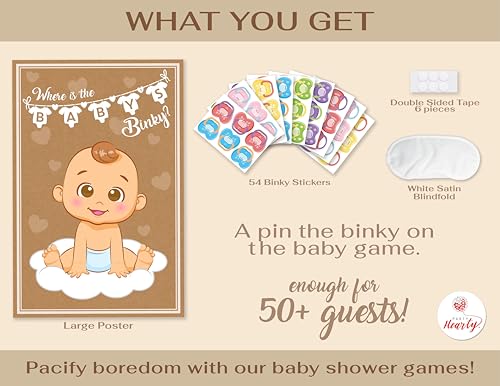 Party Hearty Pin the Pacifier on the Baby, Baby Shower Game - Kraft Boy | 1 Large Poster, 56 Colorful Binky Stickers, 1 Blindfold & Double-Sided Tape - color: Boy Kraft - Pin the Binky