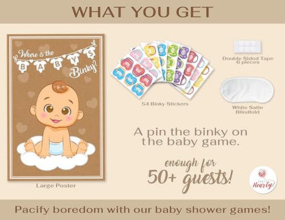 Party Hearty Pin the Pacifier on the Baby, Baby Shower Game - Kraft Boy | 1 Large Poster, 56 Colorful Binky Stickers, 1 Blindfold & Double-Sided Tape - color: Boy Kraft - Pin the Binky