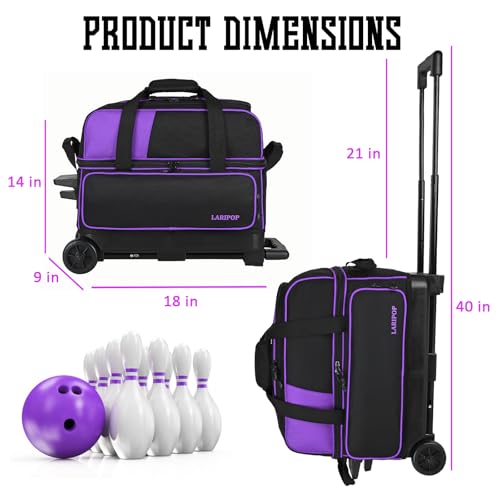 LARIPOP 2 Ball Bowling Roller Bag, Wheeled Bag with Shoe Compartment, Telescopic Handle & Padded Protection for Men Women - color: Purple