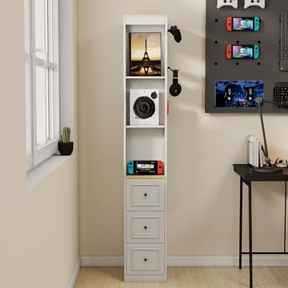 73" Tall Slim Storage Cabinet, Antique White Media Console with 3 Drawers and Display Shelves, Narrow Bookcase for CDs DVDs Game Console, Space Saving Storage for Living Room Bedroom