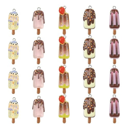 Stiesy 40Pcs Printed Resin Ice Lolly Charms with Loop, 5 Styles Cute Sweet Food Charm Beads Bulk for Jewelry Making, DIY Craft Projects and Present Making - color: Ice Lolly-5 Styles-40pcs