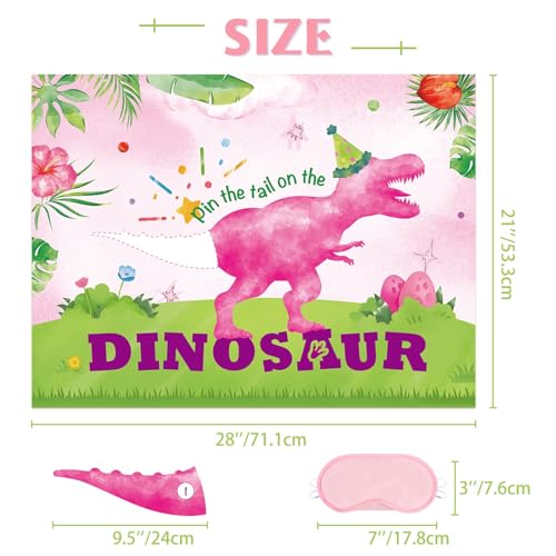 WERNNSAI Pin The Tail on The Dinosaur - Girl Dinosaur Party Decorations Pink Dino Party Games for Birthday Celebration Supplies 21" x 28" Poster with 24 PCS Tails Stickers - style: Dinosaur F 002
