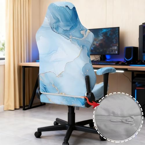Suobstales Blue Marble Pattern Gaming Chair Covers Slipcovers with Armrest Covers, Stretch Game Computer Office Desk Chair Cover Protector, Soft Fabric Rotating Armchair Covers, Without Chair - color: Blue Marble
