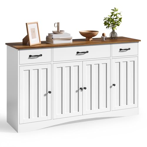 Gizoon Sideboard Buffet Cabinet with Storage, Modern Kitchen Sideboard and Coffee Bar with Drawers and Doors, Wood Buffet Table for Dining Room, 15.2" D x 55.1" W x 31.9" H, White/Rustic Brown - color: Retro, size: 55.1" W