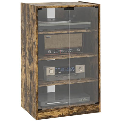 Rustic Brown 4-Shelf Media Stand - Steel-Reinforced MDF, Press-Lock Glass Doors, Adjustable AV Rack for Gaming/TV Gear