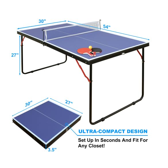 Mid-Size Table Tennis Table, Foldable Ping Pong Table Set with Net and 2 Ping Pong Paddles for Indoor & Outdoor, Portable Table Tennis Table for Adults, Teens