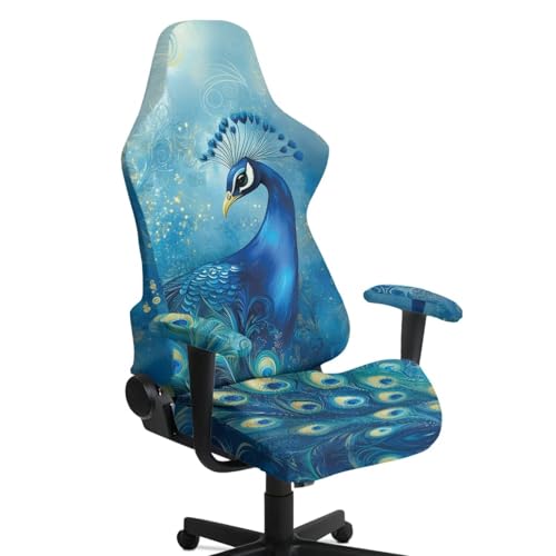 Peacock Print Gaming Chair Covers Slipcovers with Armrest Covers Skin Friendly Breathable Gamer Chair Cover Set of 4 Dust-Proof Machine Washable - color: Blue and Green - Peacock