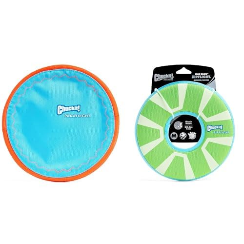 Chuckit! Dog Flying Disc Bundle - Large 9.75" Paraflight Water Floating Flyer & Medium 8.5" Max Glow Zipflight - for Medium and Large Dogs