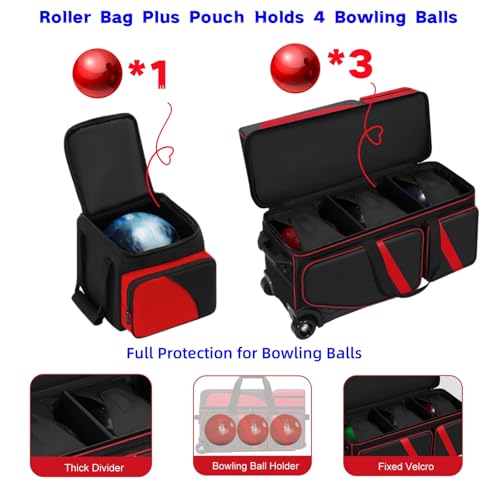 4 Ball Bowling Bags with Wheels, Bowling Ball Bag with Multi-Pockets,4 Ball Bowling Bag with Secure Buckle Fixed Ball Cup & Shoe Compartment,3 Ball Bowling Bag+1 Ball Color Matching Add On Tote - color: red 3+1