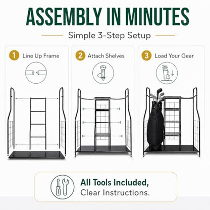 Morvat Golf Organizer for Golf Bags, Clubs, Gadgets, Travel Stuff, & Accessories, Adjustable Feet, Store and Organize Your Equipment, Holds 2 Golf Bags & 5 Metal Accessory Shelves, 38x36x16 - style: Style 1