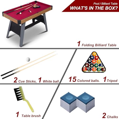 Pool Table Set with 2 Sticks 16 Balls Triangle Chalk Brush, Portable Wooden Billiards Game Table for Kids, Indoor Family Party Game Room and Playroom Fun - color: 54 Inch-red