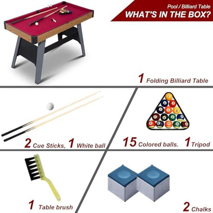 Pool Table Set with 2 Sticks 16 Balls Triangle Chalk Brush, Portable Wooden Billiards Game Table for Kids, Indoor Family Party Game Room and Playroom Fun - color: 54 Inch-red