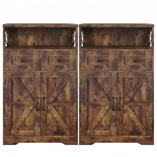 Rustic Brown Farmhouse Storage Cabinet Set of 2, Small Kitchen Pantry Cabinet with Drawers and Adjustable Shelves, Sideboard Buffet Coffee Bar Cabinet for Living Room/Dining Room/Bathroom/Home Office - color: Rustic Brown, size: 2 Pack