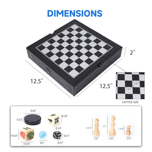 GSE Games & Sports Expert 12.5" Premium Leather 5-in-1 Chess, Checkers, Backgammon, Chinese Checkers, and Poker Dice Board Game Combo Set for Kids & Adults