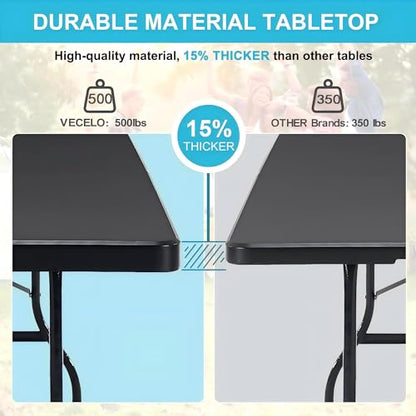VECELO 6 ft Picini Table with Thickened Top | Removable Mesh Bag | Strong Side Support, 500lbs Weight Capacity Folding Table, Indoor & Outdoor, with Carrying Handle,Black - color: Black