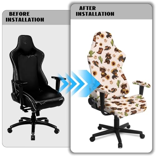 Suobstales Dachshund Paw Sunflower Cactus Cowboy Pattern Gaming Chair Cover, Stretchy 4pc/Set Ergonomic Office Computer Game Chair Slipcovers with Armrest Covers/Back Covers/Seat Cover - color: Dachshund Paw Sunflower Cactus Cowboy