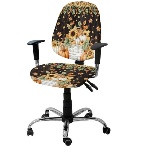 Savannan Office Chair Cover, Pastoral Pumpkin Maple Leaf Sunflower Protective Stretch Elastic Universal Cover for Desk Task Chair,Computer Rotating Chair 1 Pcs Autumn Brown Wood