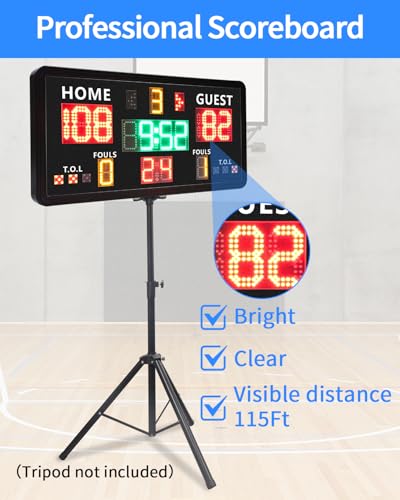 Large Electronic Scoreboard with Tripod,Wall-Mounted Digital Scoreboard & Timer,Basketball Shot Clock 14/24 Second & Custom Time,Score Keeper with LED Display, 110dB Loud Buzzer