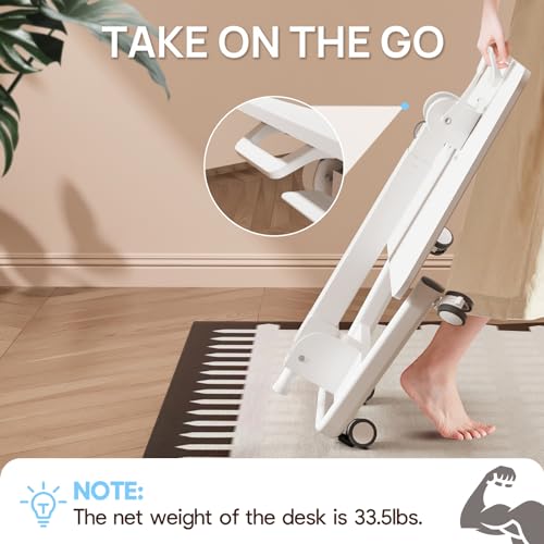 Foldable Mobile Standing Desk, 90 Tiltable Rolling Standing Desk, Height Adjustable Portable Laptop Workstation for Home Office, Easy to Fold, White - color: White