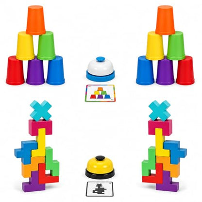 Cup Stacking Game Set with Cards and Bell, Quick Stack Speed Game + Building Blocks Puzzle 2-in-1, Family Party Game for Kids Ages 3-8, STEM Educational Toy 48 Pieces