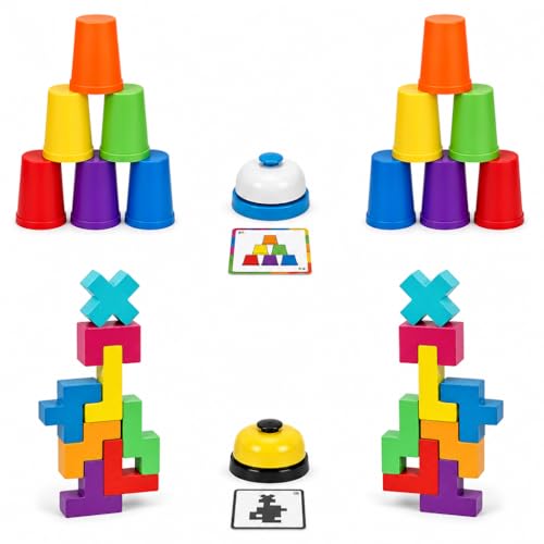 Cup Stacking Game Set with Cards and Bell, Quick Stack Speed Game + Building Blocks Puzzle 2-in-1, Family Party Game for Kids Ages 3-8, STEM Educational Toy 48 Pieces
