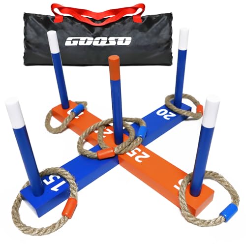 GOOSO Ring Toss Game for Kids - Indoor & Outdoor Game for Family and Adults with 5 Poles, 2 Bases and 6 Rings in 2 Colors, Backyard Party Activities for Adults Lawn Games for Kids - color: blue orange