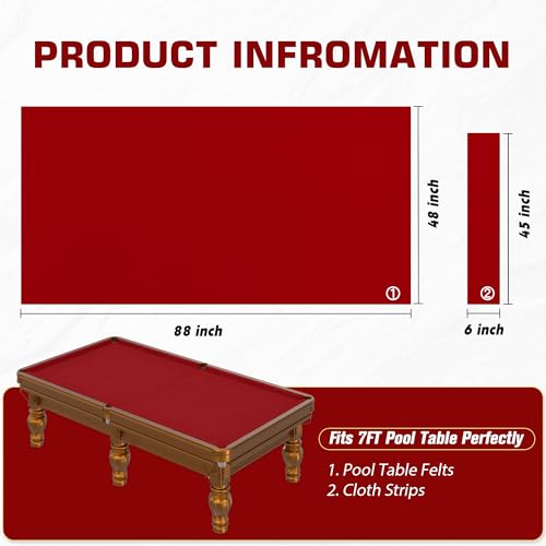 Pool Table Felt Cloth Billiard Cloth with 6 Pcs Cloth Strips and Staple Remover Pool Table Felt Replacement Kit Parts - color: Red, size: 7ft