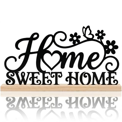 Home Sweet Home Sign Table Decor Black Sweet Home Metal Table Sign with Wooden Base Farmhouse Tabletop Centerpiece Black Tiered Tray Decor for Home Mantel Shelf Desk Housewarming Gift - style: Home Sweet Home