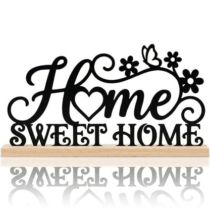 Home Sweet Home Sign Table Decor Black Sweet Home Metal Table Sign with Wooden Base Farmhouse Tabletop Centerpiece Black Tiered Tray Decor for Home Mantel Shelf Desk Housewarming Gift - style: Home Sweet Home