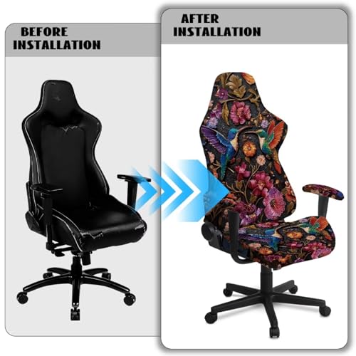 Hummingbird Print Gaming Chair Covers with Armrest Covers Retro Flower Print Computer & Gaming Chair Slipcover Universal Fit Office Desk & Racing Computer Gamer Chairs - color: Brown and Multi - Hummingbird Retro Flower