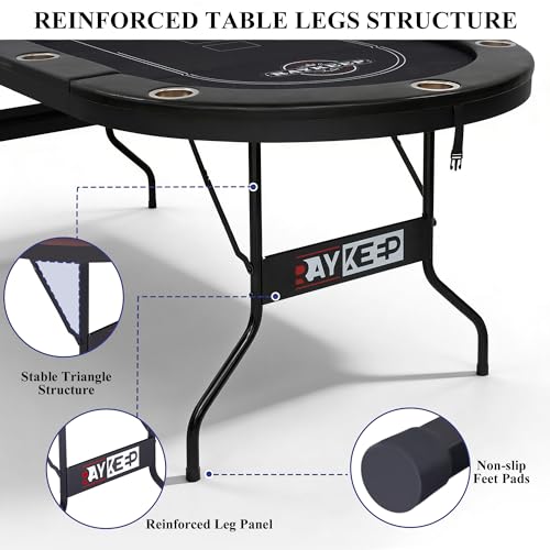 RAYKEEP 84" Poker Table for 10 Players, Foldable Texas Holdem Table with Padded Rails & 10 Cup Holders, Portable Casino Board Game Table for Game Room, Blackjack, Party (Black) - color: 84“