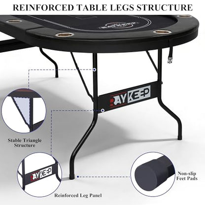 RAYKEEP 84" Poker Table for 10 Players, Foldable Texas Holdem Table with Padded Rails & 10 Cup Holders, Portable Casino Board Game Table for Game Room, Blackjack, Party (Black) - color: 84“