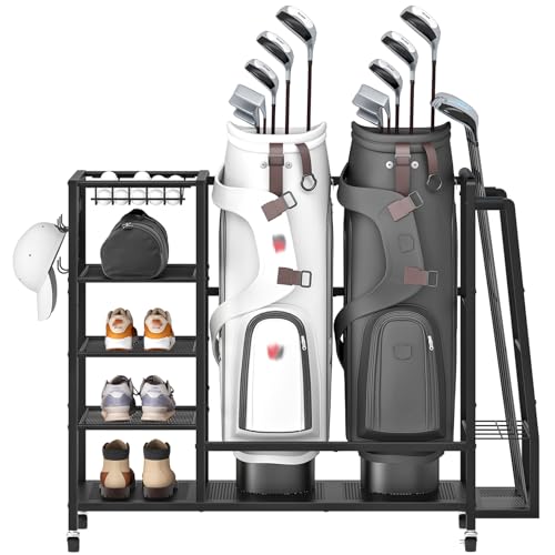 HOOBRO Golf Bag Storage Garage Organizer, Golf Bag Storage Stand Fits 2 Golf Bags and Golf Equipment Rack with Wheels, Extra Storage Rack for Garage, Club, Basement, Black BK49CJ01 - size: 43.3"L x 11.8"W x 33.5"H