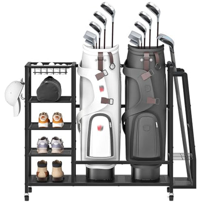 HOOBRO Golf Bag Storage Garage Organizer, Golf Bag Storage Stand Fits 2 Golf Bags and Golf Equipment Rack with Wheels, Extra Storage Rack for Garage, Club, Basement, Black BK49CJ01 - size: 43.3"L x 11.8"W x 33.5"H
