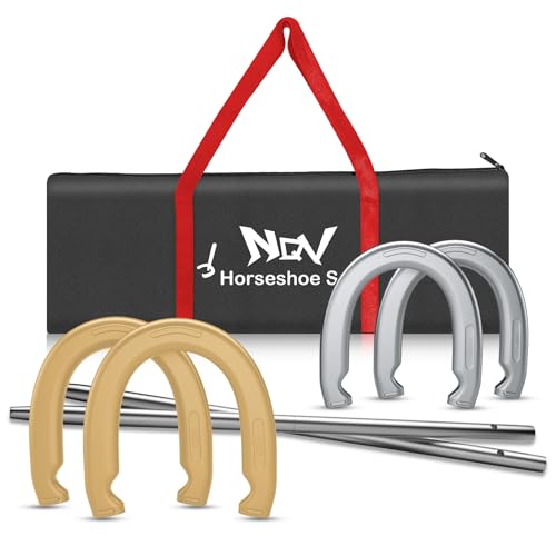 NQV Horseshoe Outdoor Game Set –Horse Shoe Game Kit,Sports Horseshoes Sets, Includes 4 Steel Horseshoes, 2 Metal Stakes & Carry Bag – Perfect for Lawn, Backyard, or Tailgating - color: ‎Silver & Gold