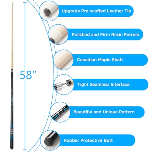 Pool Cue, 58" Billiard Cue Stick 2-Piece Maple Wood Pool Cue Stick 18 19 20 21oz for Bar House Pool Table Sports - color: Blue 20oz