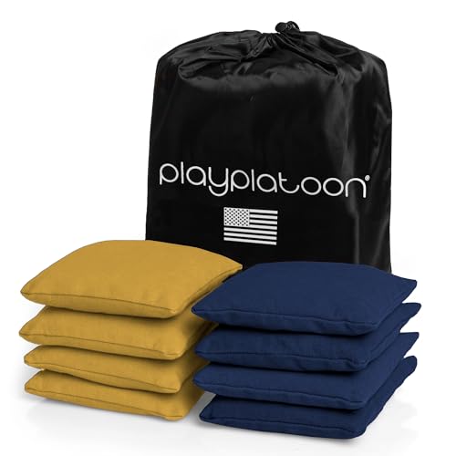 Play Platoon Cornhole Bags Weather Resistant- Set of 8 Regulation Bean Bags for Tossing- Official Professional Size & Weight Corn Hole Bags Two Color All Weather Cornhole Beans Bag Set with Tote Bag - color: Navy Blue & Gold