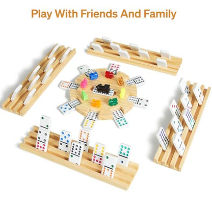 ELONGDI Mexican Train Double 12 Dominoes Set with 4 Wooden Trays/Racks in Portable Carrying Case Colorful 91 Tiles & 9 Trains Board Game for Family Game Night