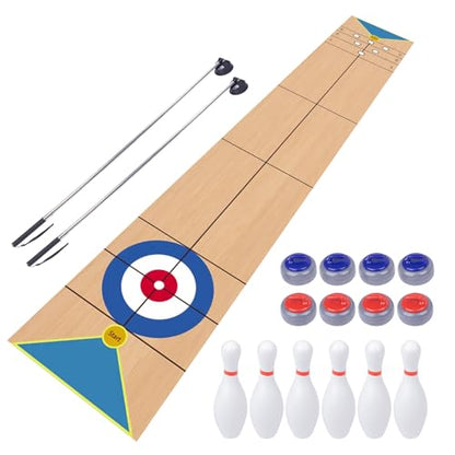 Shuffleboard, Curling and Bowling 3 in 1 Board Game Set,with 8.98 Foot Game Mat,2 Cues,8 Curling Rocks,6 Bowling Pins,Fun Family Game - size: 8.98'L