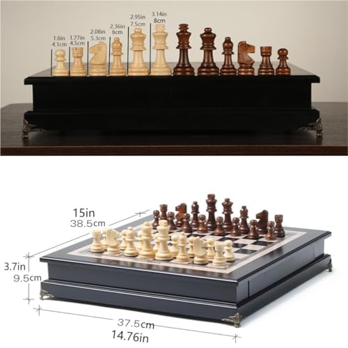 15 "Wooden Chess Set, Large Size Board, Built-in Storage Drawer - 2 Extra Queens - Wooden Chess Pieces - Gift wrap, Adult and Children's Board Games
