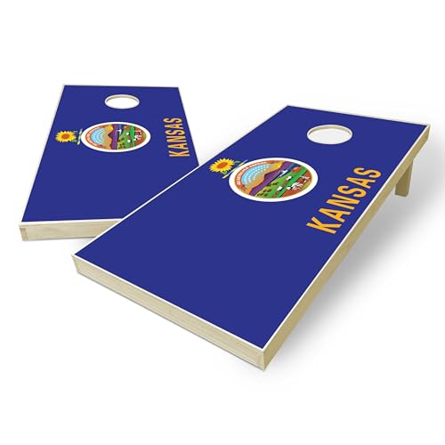 State Flag Solid Wood Regulation Cornhole Set 4 Feet x 2 Feet Includes Set of 8 Bags and Carrying Case with Optional LED Lights and Lamination - style: Kansas