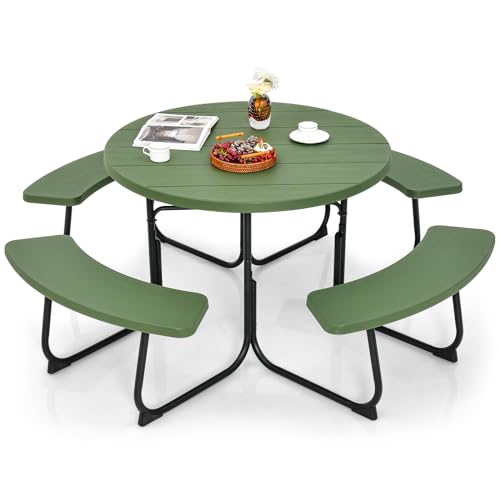 Giantex Picnic Table Set for Up to 8 Persons, Round Outdoor Table and Bench Set with Umbrella Hole, HDPE Top & Metal Frame, 2000LBS Capacity, Patio Table Bench for Deck Backyard Garden (Green) - color: Green, size: Round-43"x43"x30"