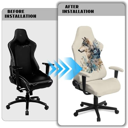 Wolf Flower Print Gaming Chair Covers Slipcovers with Armrest Covers Dust-Proof Decorative Office Desk Chair Cover Universal Fit Office Desk & Racing Computer Gamer Chairs - color: Beige - Wolf Flower