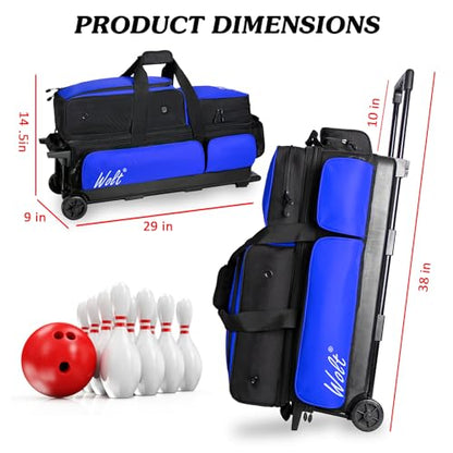 WOLT 3 Ball Bowling Bags with Wheels,Bowling Ball Bag 3 Ball Roller with Separate Shoe Compartment and Accessory Pocket, Retractable Handle Extends to 38’’ - color: blue