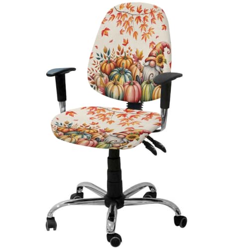 Savannan Office Chair Cover, Fall Thanksgiving Pumpkin Gnome Protective Stretch Elastic Universal Cover for Desk Task Chair,Computer Rotating Chair 1 Pcs Orange Maple Leaf Retro Linen