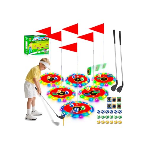 VATOS 2-in-1 Light up Golf for Kids- Golf Chipping Game & Bean Bag Toss with 6 LED Targets, 2 Clubs, 18 Balls, Night Golfs Play for Indoor Outdoor Party Yard Golfer Gifts Sports Toys for Kids 5-12