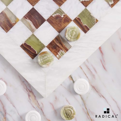 Radicaln Marble Checkers Set 15" Inches White and Green Onyx Handmade Checker Board Game & Draughts Pieces for Outdoor Travel Games, Ideal Stone Chess and Checker Board Games for Adults - color: White and Onyx