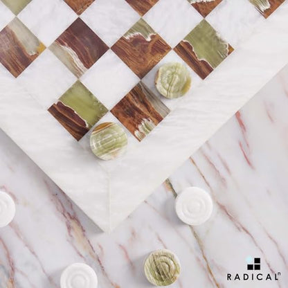 Radicaln Marble Checkers Set 15" Inches White and Green Onyx Handmade Checker Board Game & Draughts Pieces for Outdoor Travel Games, Ideal Stone Chess and Checker Board Games for Adults - color: White and Onyx