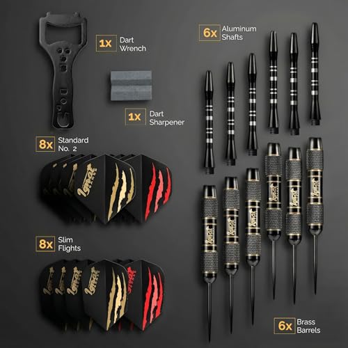 Steel Tip Darts, 6 Pack Knurled Brass Barrels with EVA Case, Darkborn | 16 GlideXPro 130 micron flights, aluminum shafts w/ O-rings, sharpener, dart tool, ebook, 10-yr warranty - color: Crimson - Midnight Shadow