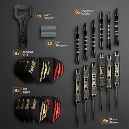 Steel Tip Darts, 6 Pack Knurled Brass Barrels with EVA Case, Darkborn | 16 GlideXPro 130 micron flights, aluminum shafts w/ O-rings, sharpener, dart tool, ebook, 10-yr warranty - color: Crimson - Midnight Shadow